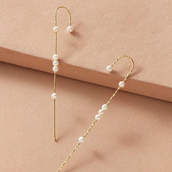 Dainty Pearl Ear Pin Delicate Ear Pin, Gold Pearl Pin, Ear Climber, Pair - Picture 3 of 5